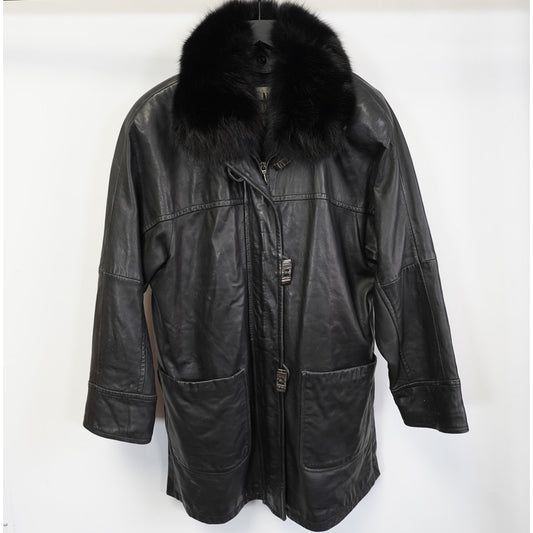 (Women's M) Vintage 90s Black Leather Jacket Fox Fur Collar LNR Women's M Trench Coat Glam