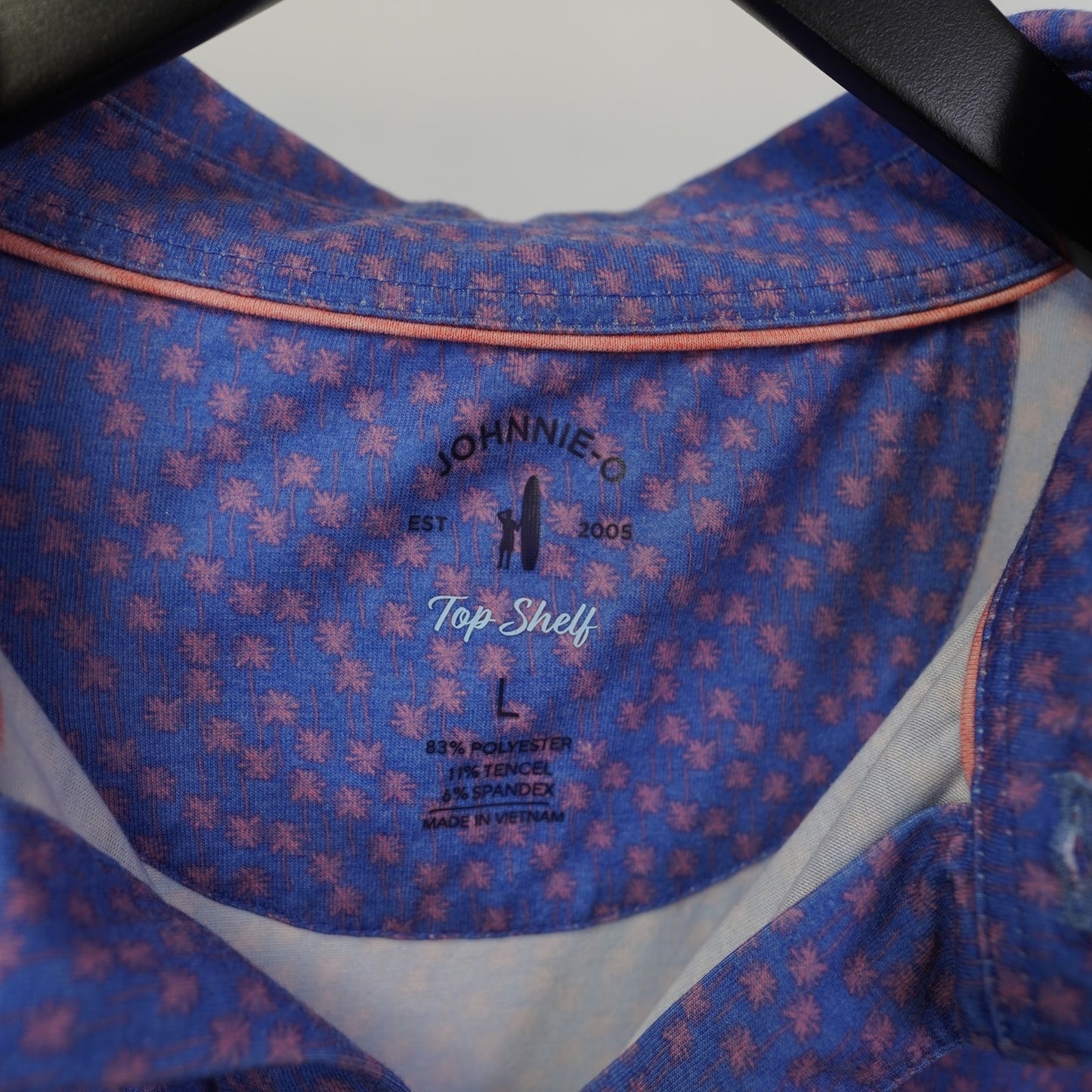 (L) Johnnie-O Top Shelf Palm Tree Golf Performance Polo Shirt Men's L Blue Pink