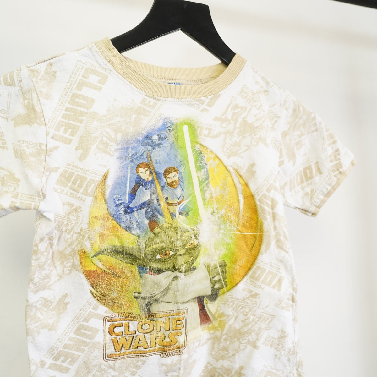 (Boys 5/6) Vintage Star Wars Clone Wars 2000s T-Shirt Boys 5/6 Yoda Anakin Jedi AOP White