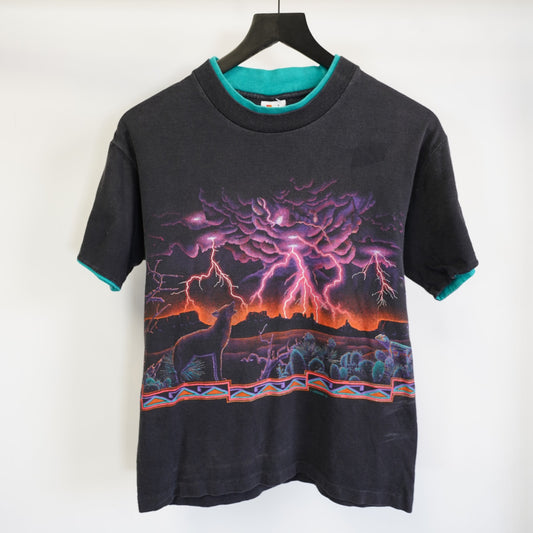 (S) Vintage 90s Habitat Arizona Lightning Wolf AOP Western T-shirt Men's S Black