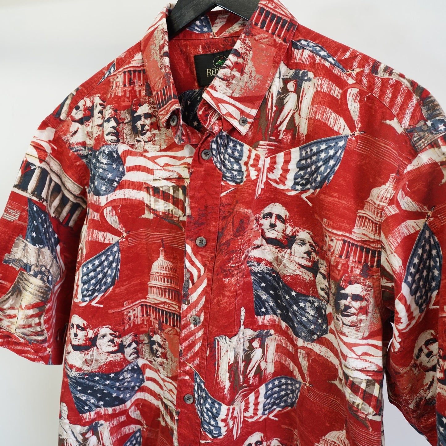 (L) Red Head 4th of July American Pride Hawaiian Shirt Men's L Button Up Red USA
