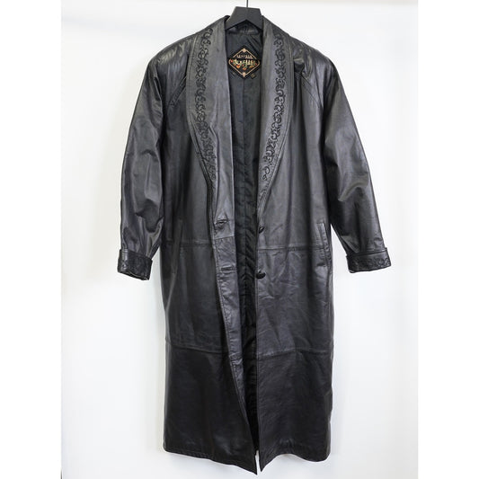 (Women's L) Vtg 80s Leather G-III Coat Women’s L Black Trench Paisley Lining Whimsy Gothic