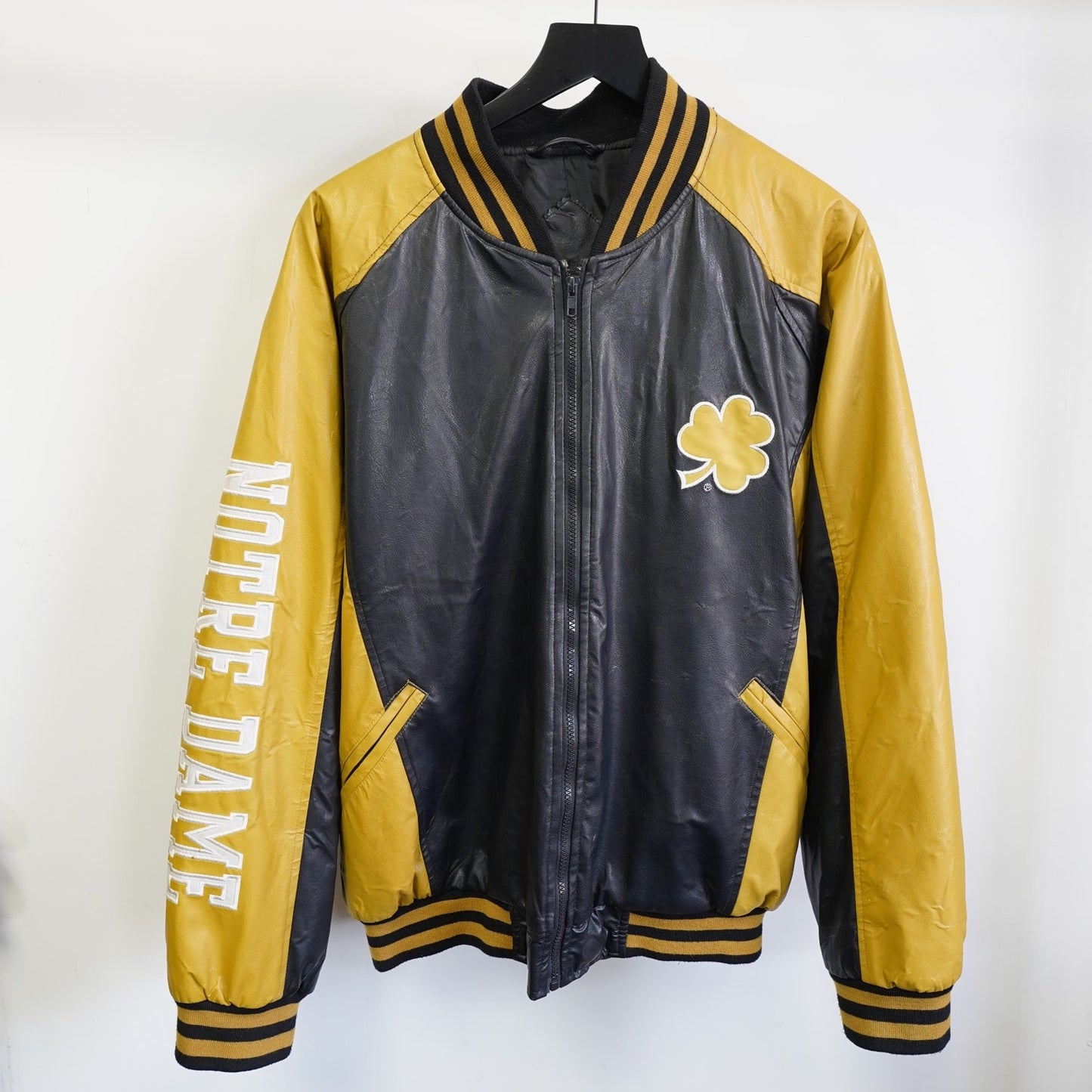 (L) Vintage Notre Dame Fighting Irish Leather Varsity Jacket Men's L Navy Gold Retro
