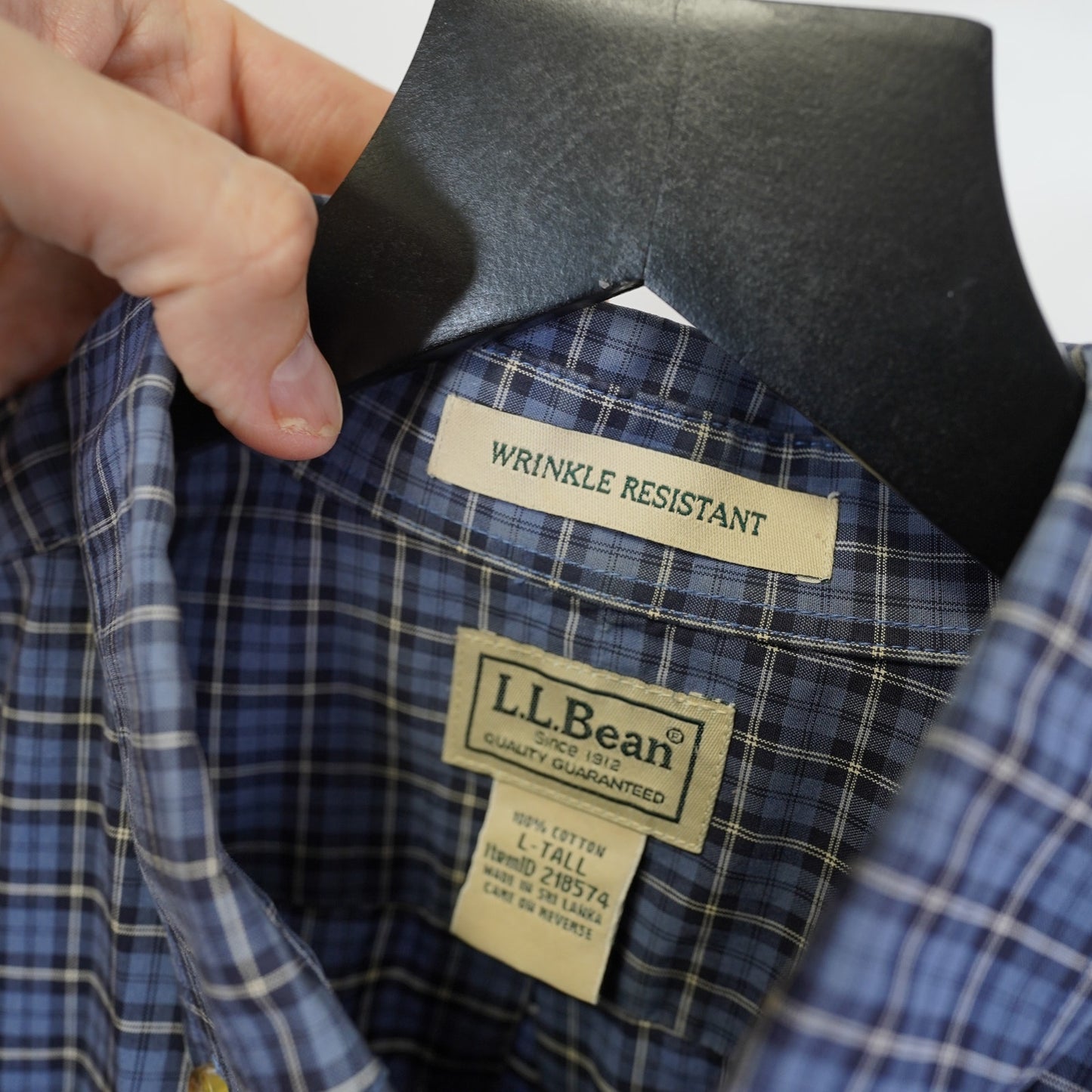 (L) L.L. Bean Blue Plaid Button Up Shirt LS Men's L-Tall Wrinkle Resistant Preppy