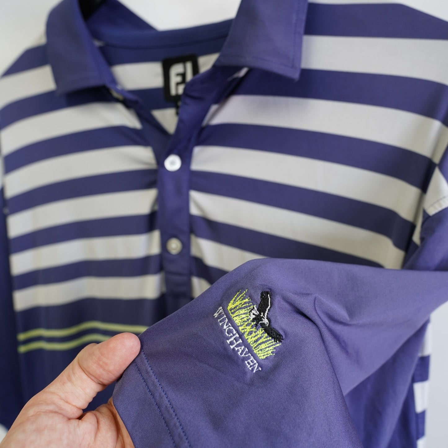 (2XL) FootJoy Windhaven Golf Club Performance Polo Shirt Men's 2XL Striped Navy Gray