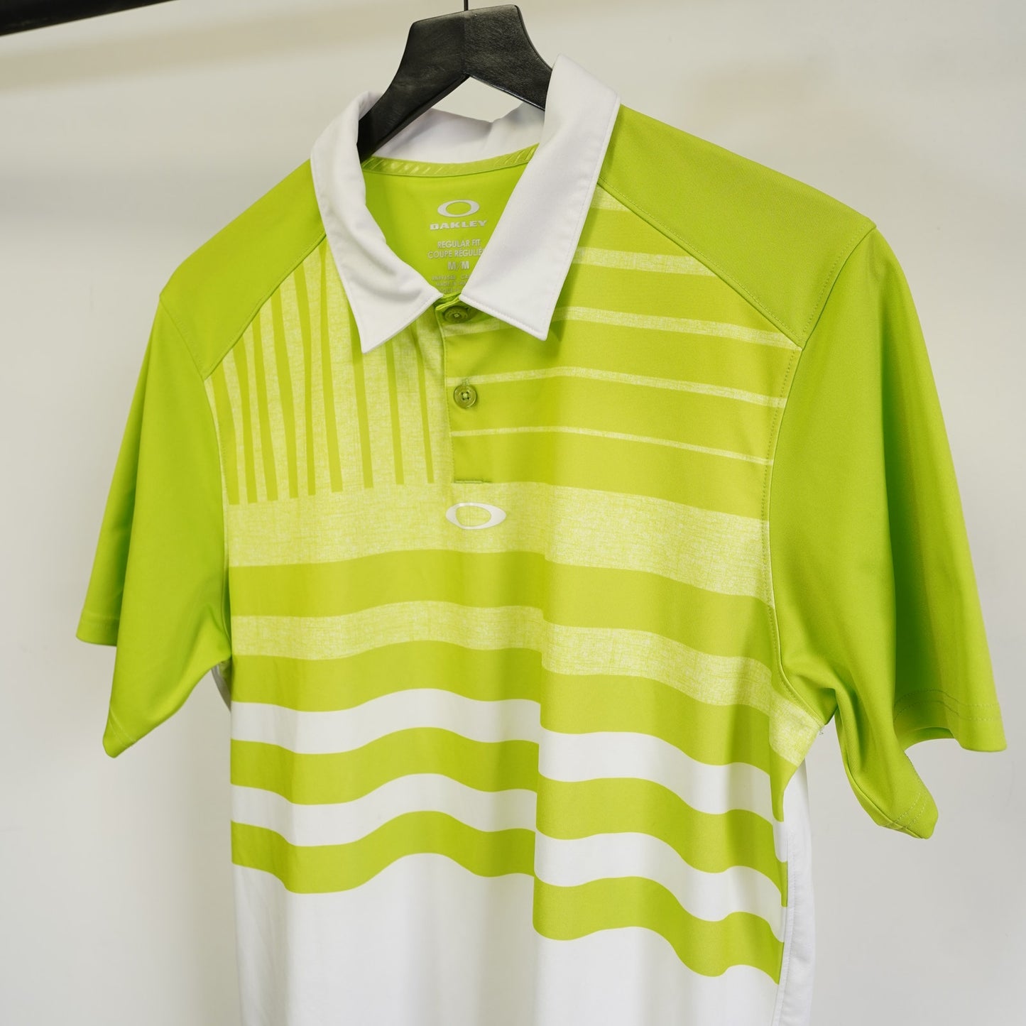 (M) Oakley Lime Green Striped Performance Golf Polo Shirt Men's M Tennis Preppy Tech