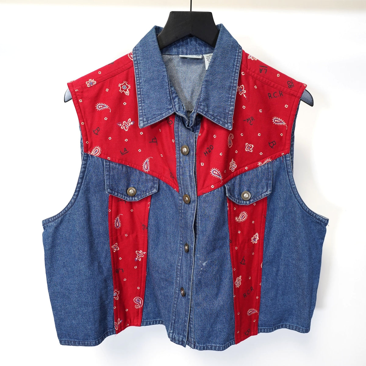 (Women's XL) Vintage Western Paisley & Denim 90s Cowgirl Vest Women's XL Red Blue Rodeo