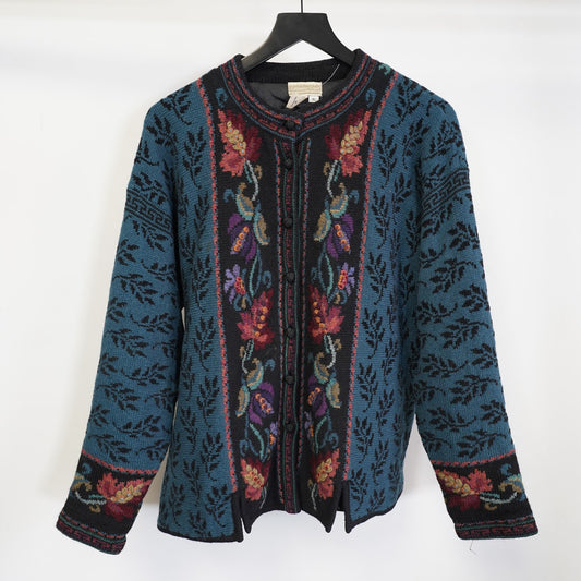 (Women's XL) Vintage Cold Water Creek Floral Cottage Knit Sweater Women's XL Blue Flower Wool