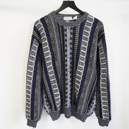 (L) Vintage 90s Geometric Norm Thompson Knit Sweater Men's L Made in Italy Striped