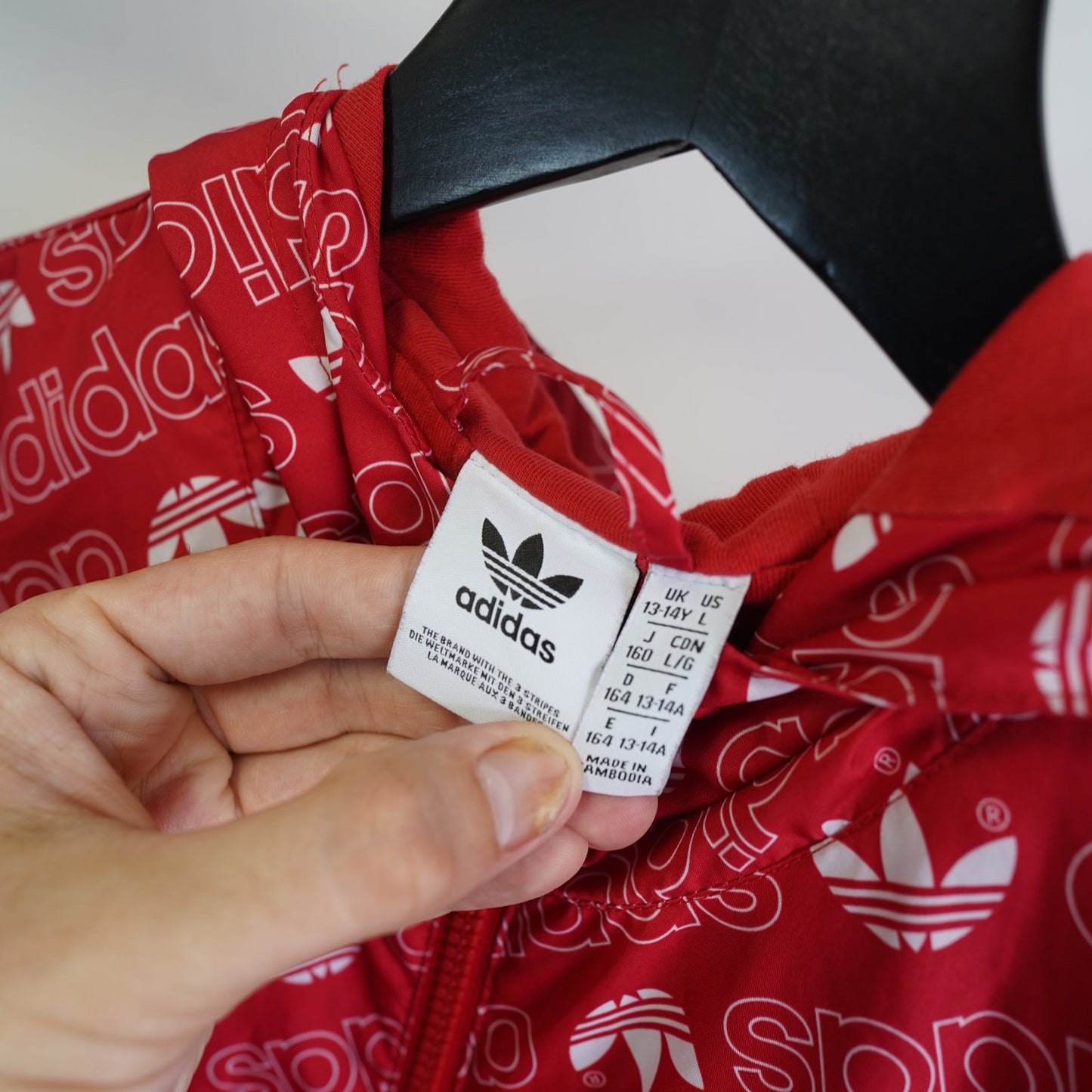 (Youth L 13-14) Adidas Tri-Foil Logo All Over Print Retro Windbreaker Youth Large 13-14 Red AOP