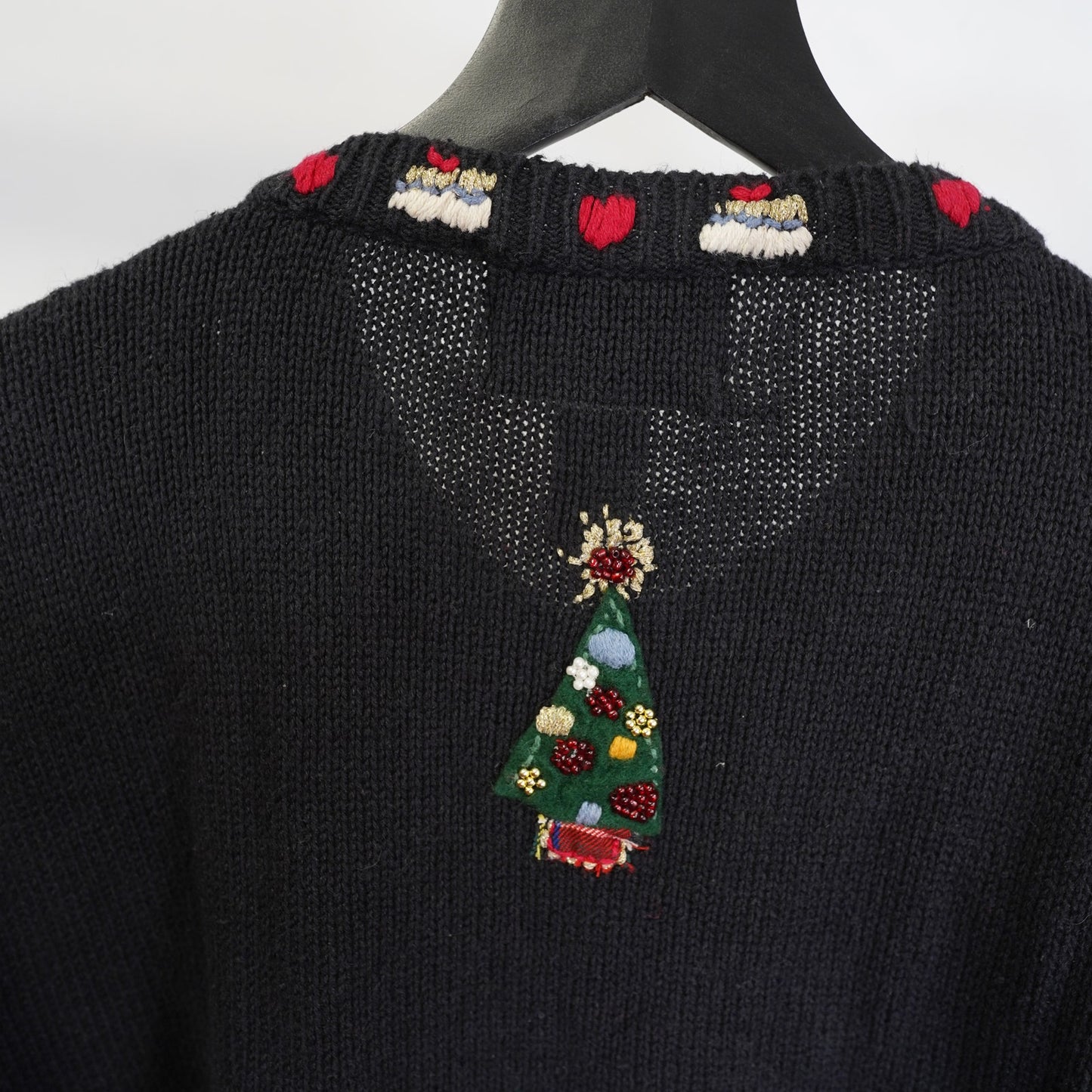 (Women's S) Vintage Holiday Christmas Knit Cardigan Sweater Women's S Santa Black Stitched
