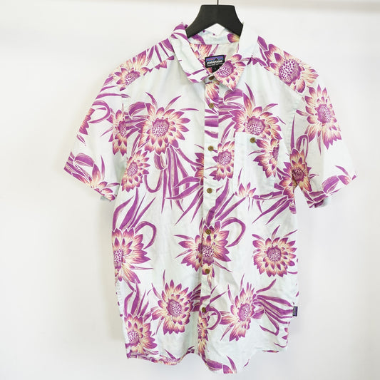 (L) Patagonia Organic Cotton Hawaiian Shirt Men's L Floral Tropical Blue Purple