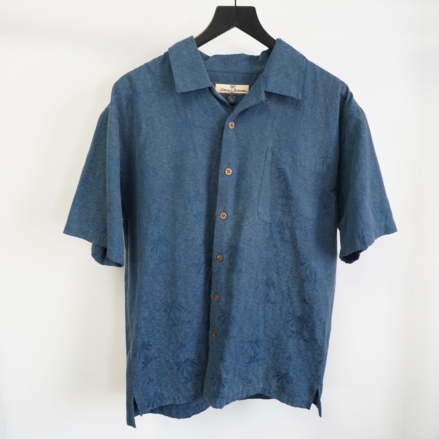 (L) Vintage Tommy Bahama Embroidered 100% Silk Martini Hawaiian Shirt Men's L Blue
