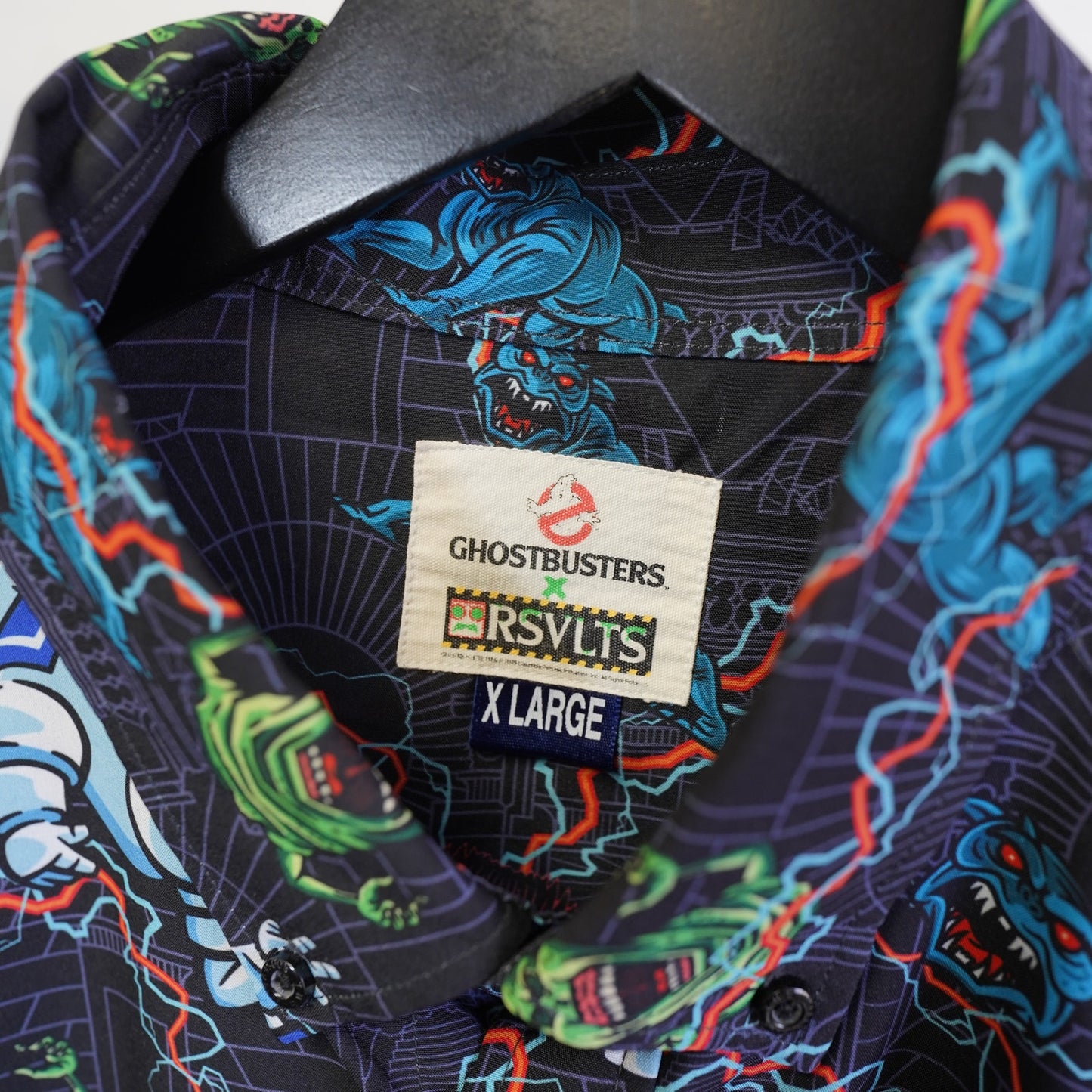 (XL) RSVLTS x Ghostbuster All Over Print Hawaiian Button Up Shirt Men's XL Black