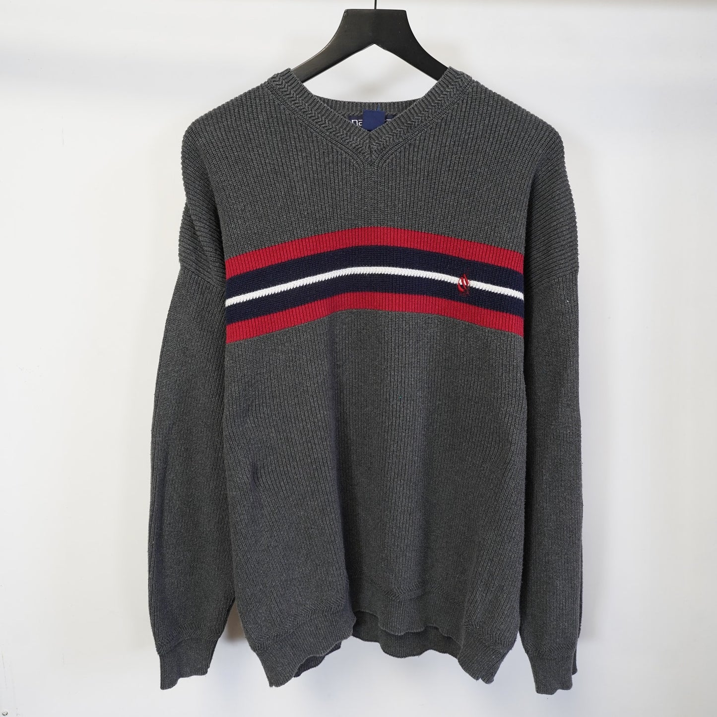 (XL) Vintage Nautica 90s Utility Knit Striped Sweater Men's XL Gray Red Preppy Y2K