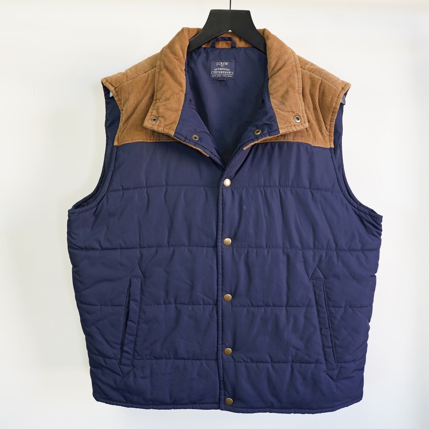 (L) J Crew Outerwear Puffer Vest Men's L Blue Brown Two Tone Quilted Corduroy