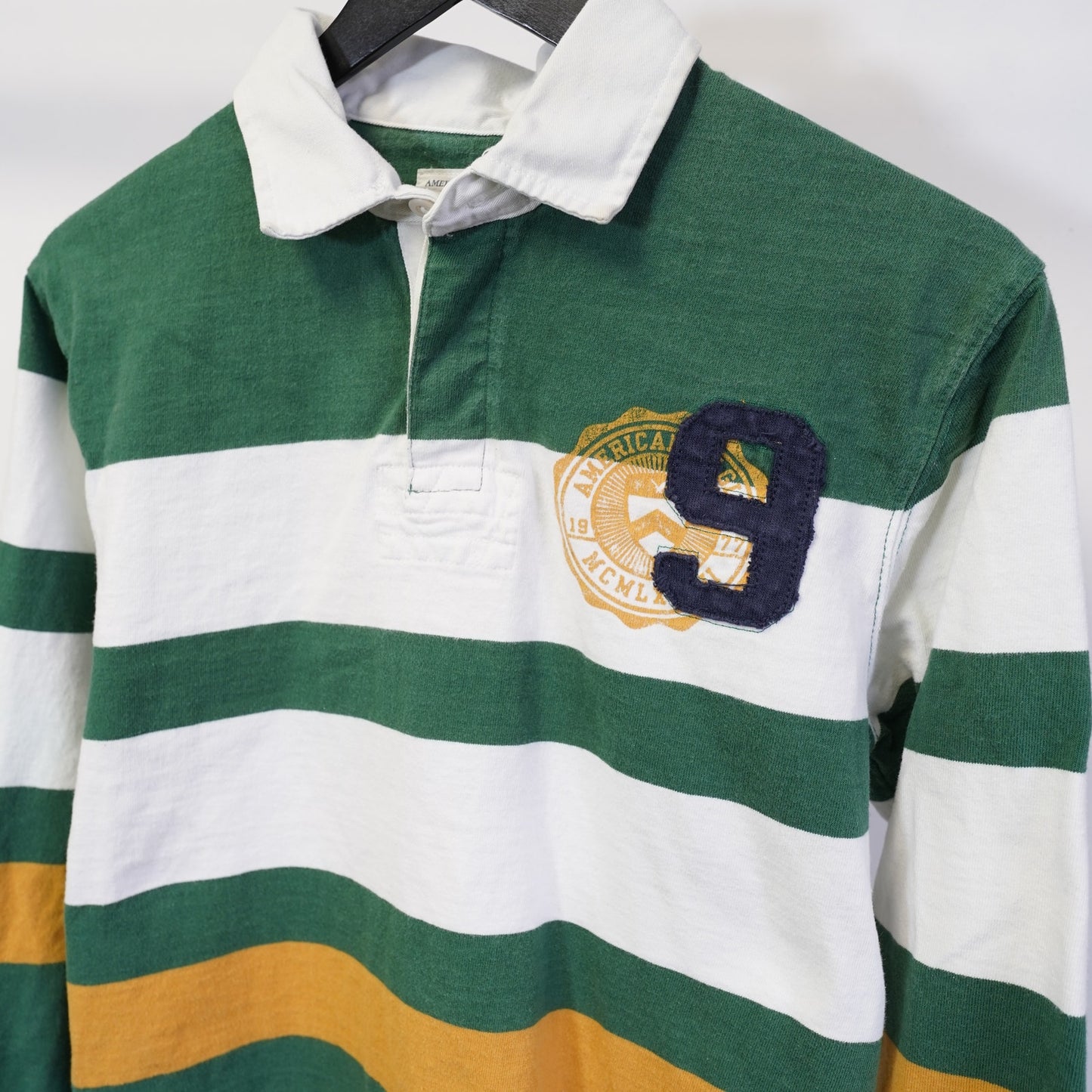 (XS) American Eagle Rugby Long Sleeve Striped Polo Shirt Sewn Men's XS Green Preppy