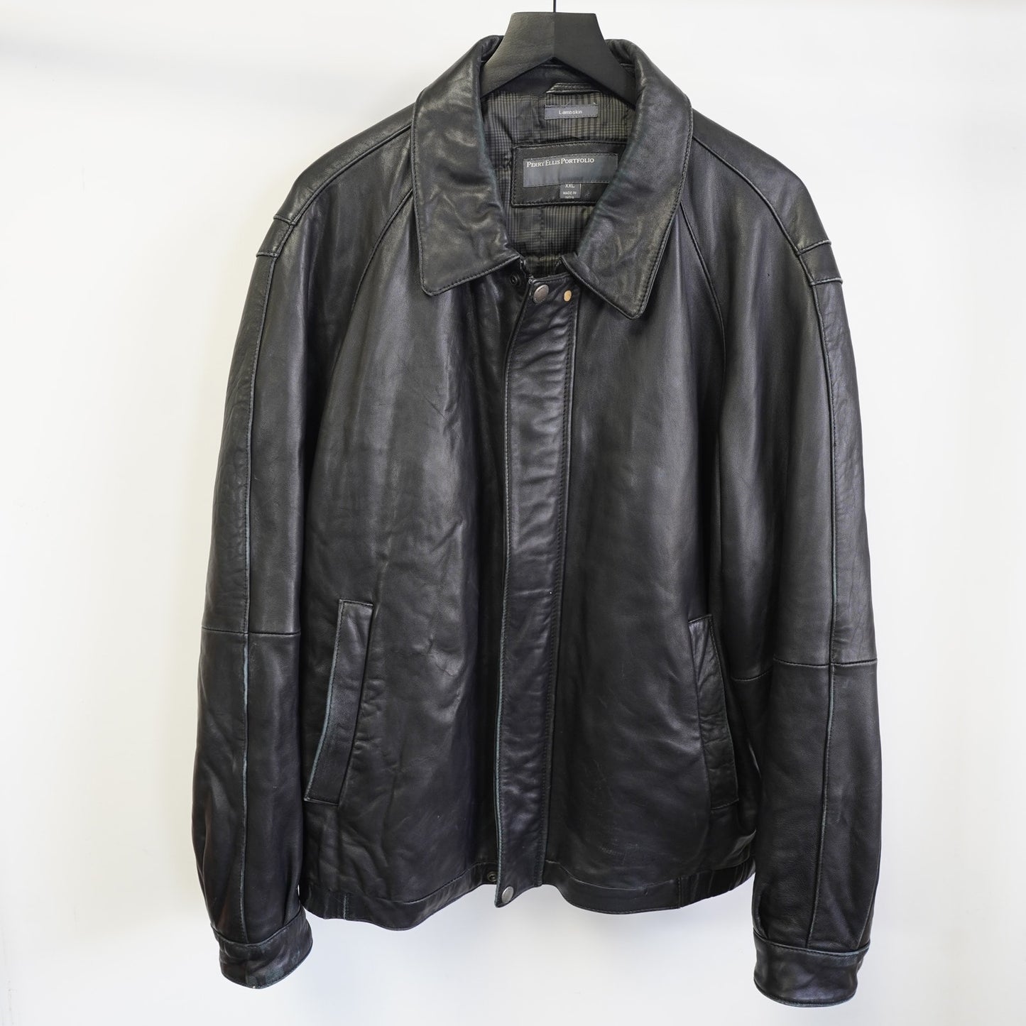 (XXL) Vintage Perry Ellis Lambskin Leather Black Bomber Jacket Men's XXL Pilot Retro