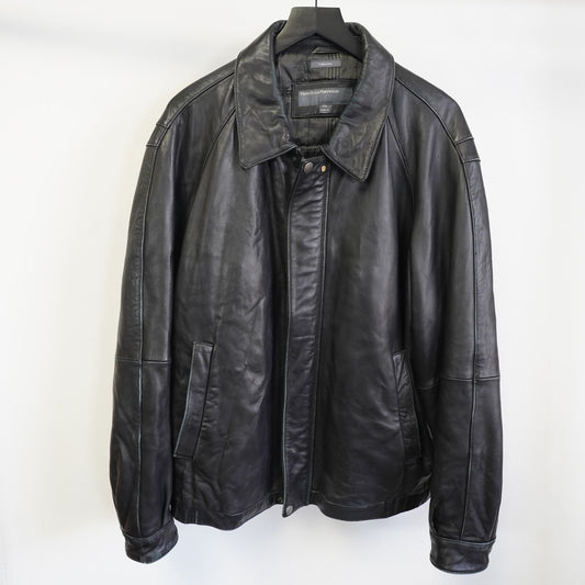 (XXL) Vintage Perry Ellis Lambskin Leather Black Bomber Jacket Men's XXL Pilot Retro