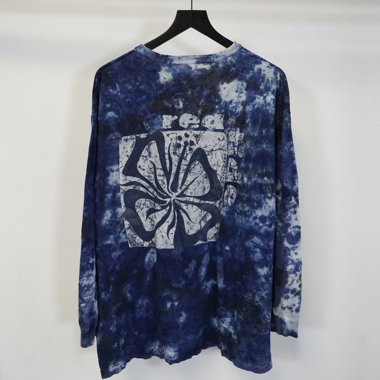 (XL) Vintage Red Tide Tie Dye Surf Longsleeve Henley T-Shirt Y2K Hippie Boho