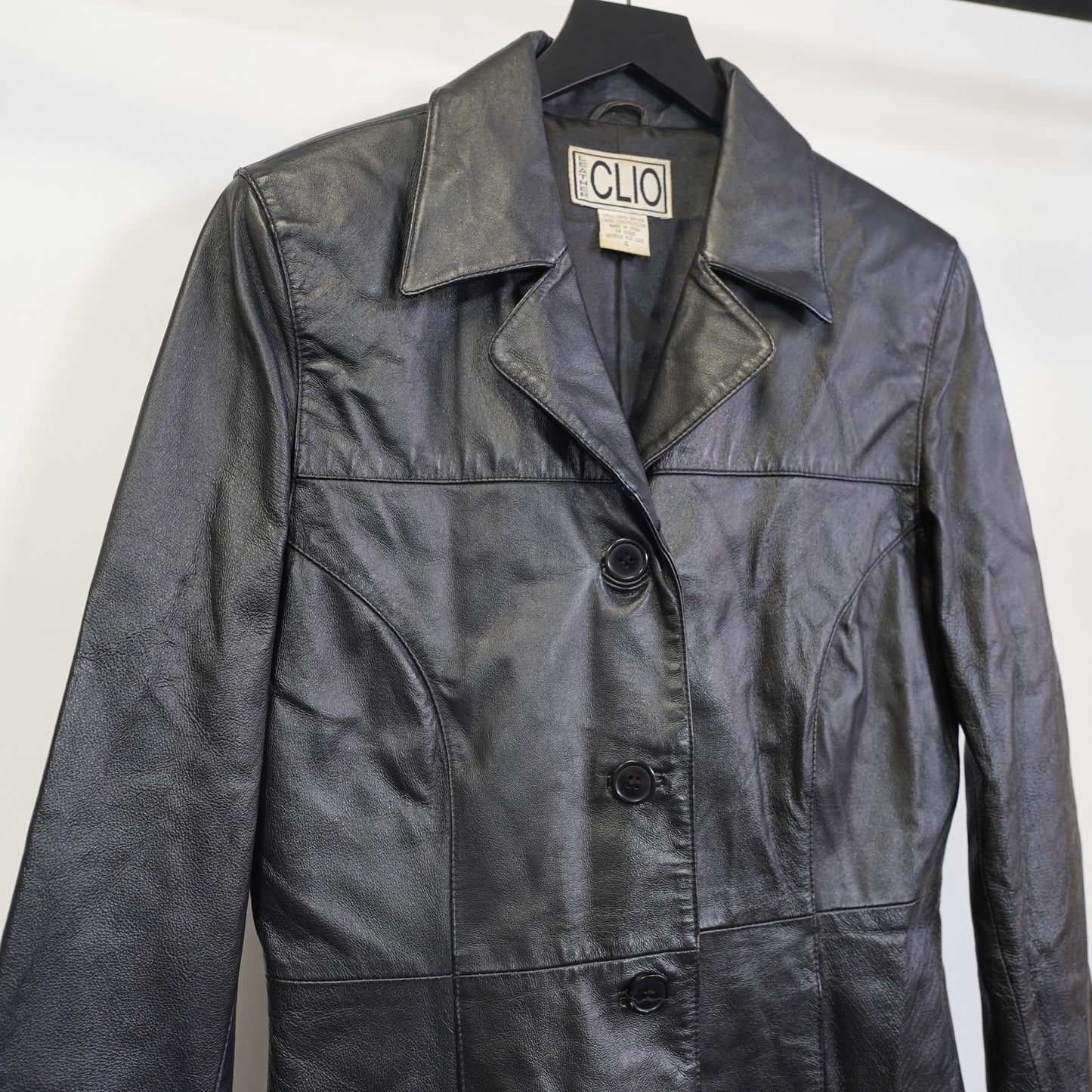 (Women's Sz. 4 ) Vintage Clio Genuine Leather 90s Coat Jacket Women's Sz. 4 Black Blazer Goth