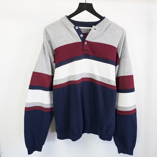 (M) David Taylor Mens 90s Vintage Henley Colorblock Striped Sweatshirt Navy M