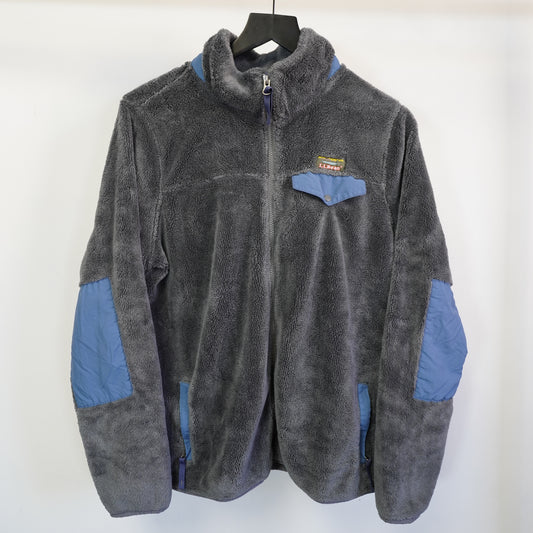 (XL) LL Bean Mens XL Fleece Jacket Gorpcore Full Zip High Pile Gray Blue Trim