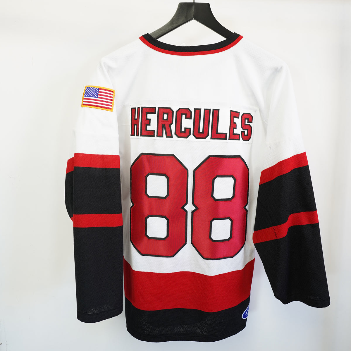 (M) Vintage Athletic Knit Hercules 88 Hockey Jersey Mens Medium White Red Black Sewn
