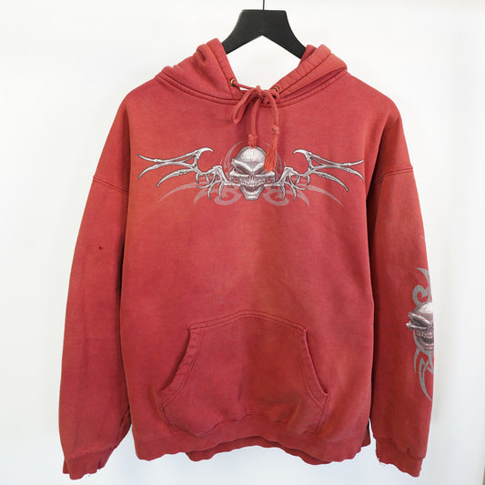 (L) Top Heavy Vintage Y2K Distressed Tribal Skull Graphic Hoodie Red Mens L