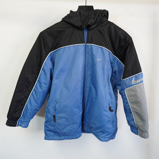 (Boys M) Vtg Nike Kids Y2K Reversible Puffer Jacket Blue Black Fleece Hooded Size M 10-12