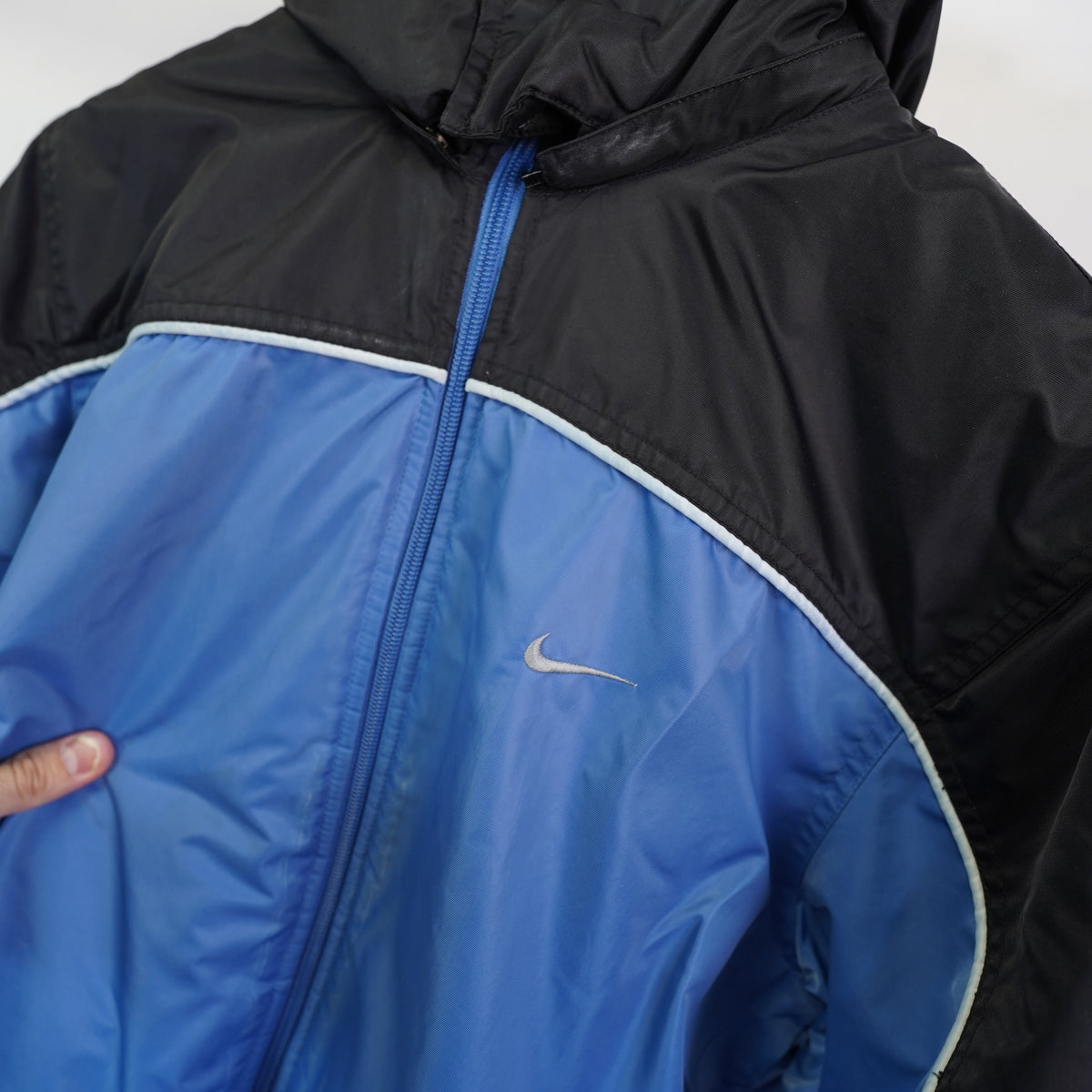 (Boys M) Vtg Nike Kids Y2K Reversible Puffer Jacket Blue Black Fleece Hooded Size M 10-12