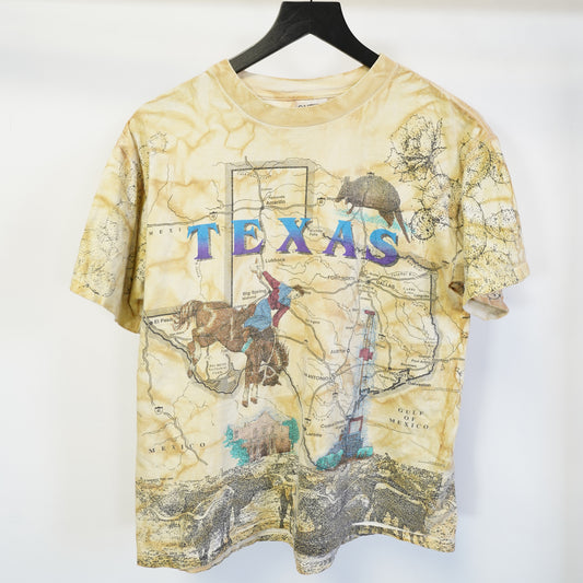 (L) Vintage 90s Oneita Texas Western Cowboy AOP All Over Print Map T-Shirt Large