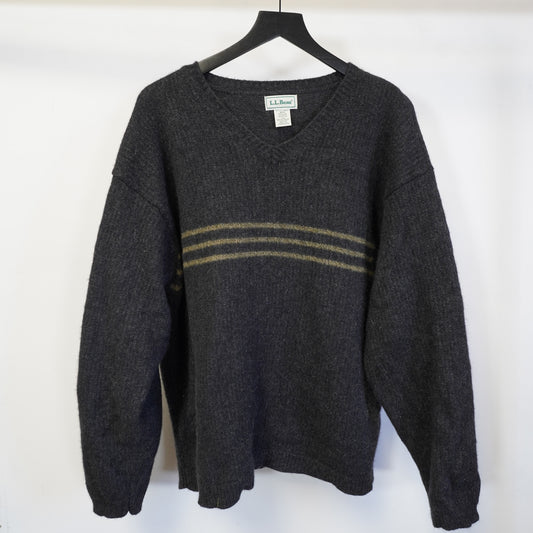 (XXL) Vintage LL Bean 90s Utility Wool Blend V-Neck Sweater XXL Charcoal Gray Striped