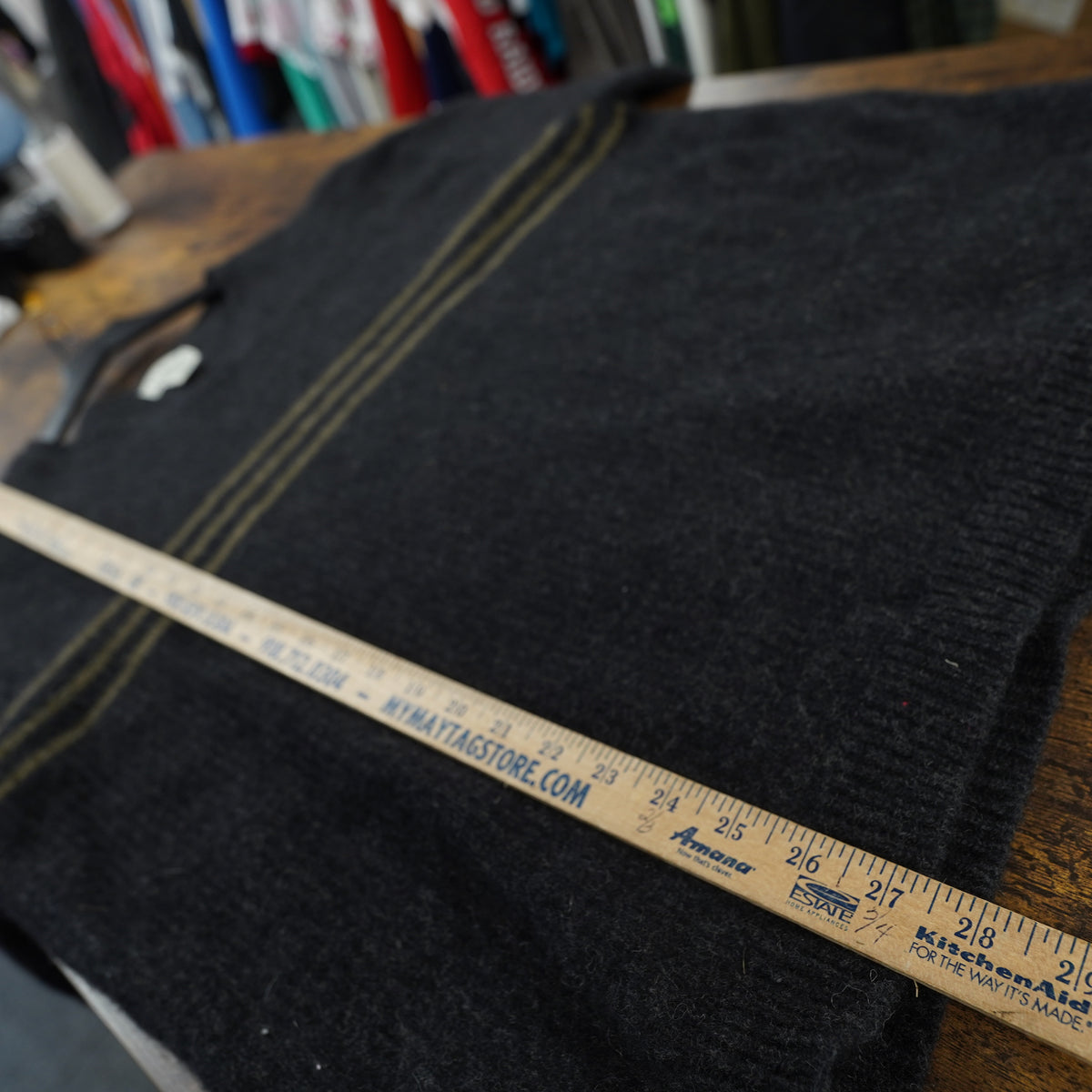 (XXL) Vintage LL Bean 90s Utility Wool Blend V-Neck Sweater XXL Charcoal Gray Striped