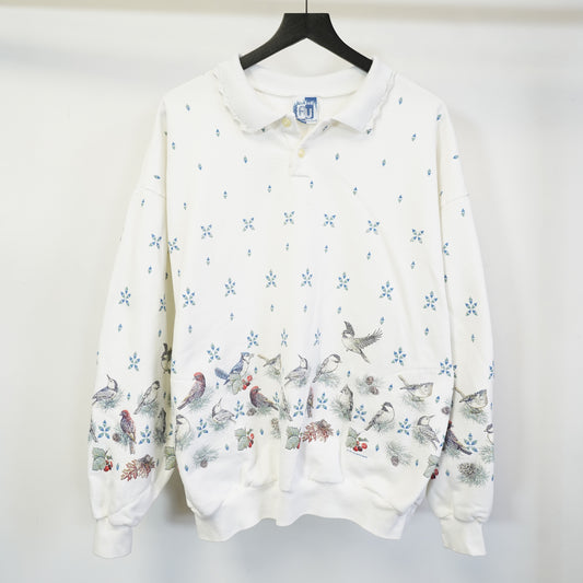 (L) Vintage Art Unlimited Sportswear Bird Nature Print Collared Sweatshirt White L