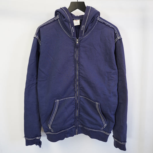 (3XL) True Religion Vintage 2000s Big T Stitch Zip Up Hoodie Navy Blue XXXL