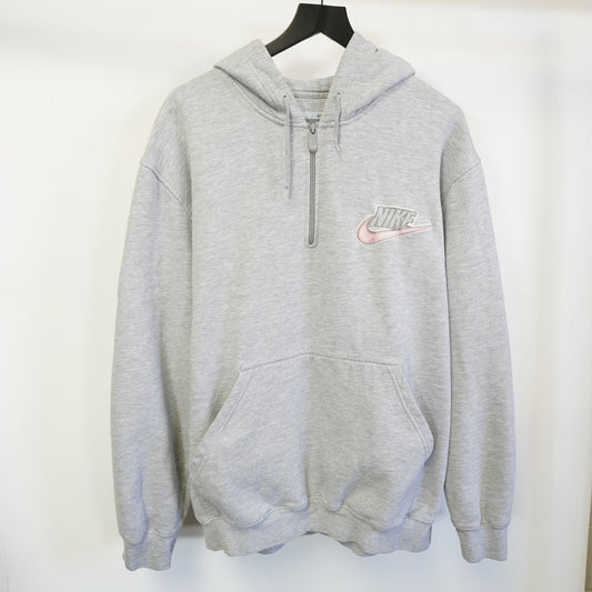 (XL) Nike Mens XL Gray 1/4 Zip Hoodie Y2K Embroidered Spellout Logo Sweatshirt