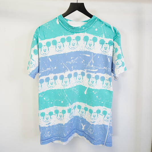 (M) Vintage 90s Disney Mickey Mouse AOP Paint Splatter T-Shirt Teal Blue Made in USA