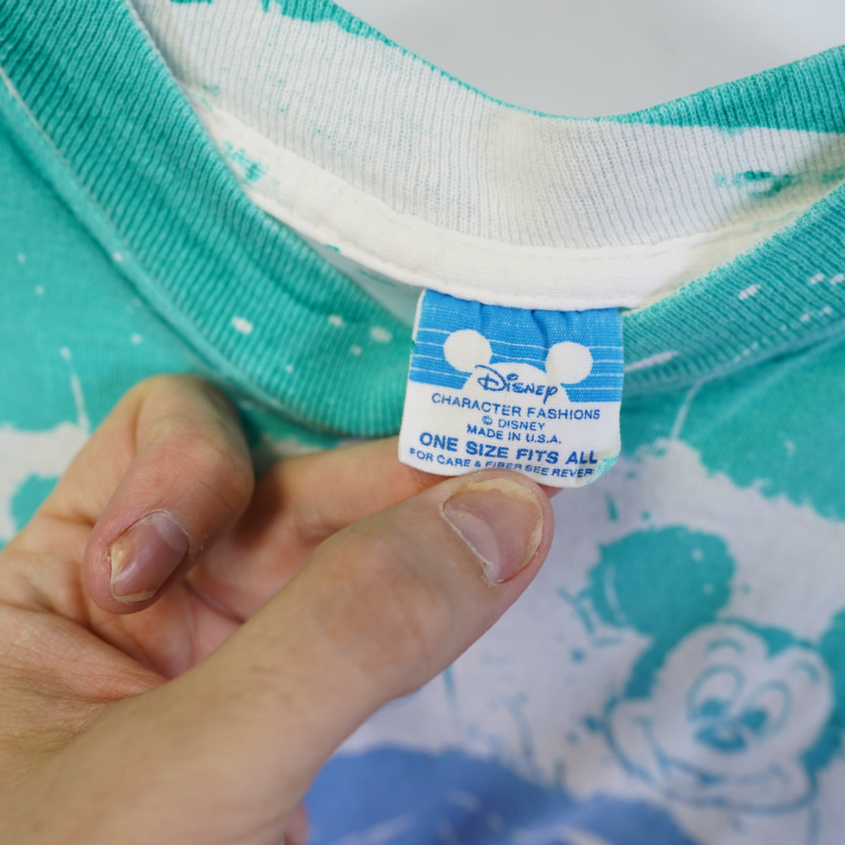 (M) Vintage 90s Disney Mickey Mouse AOP Paint Splatter T-Shirt Teal Blue Made in USA