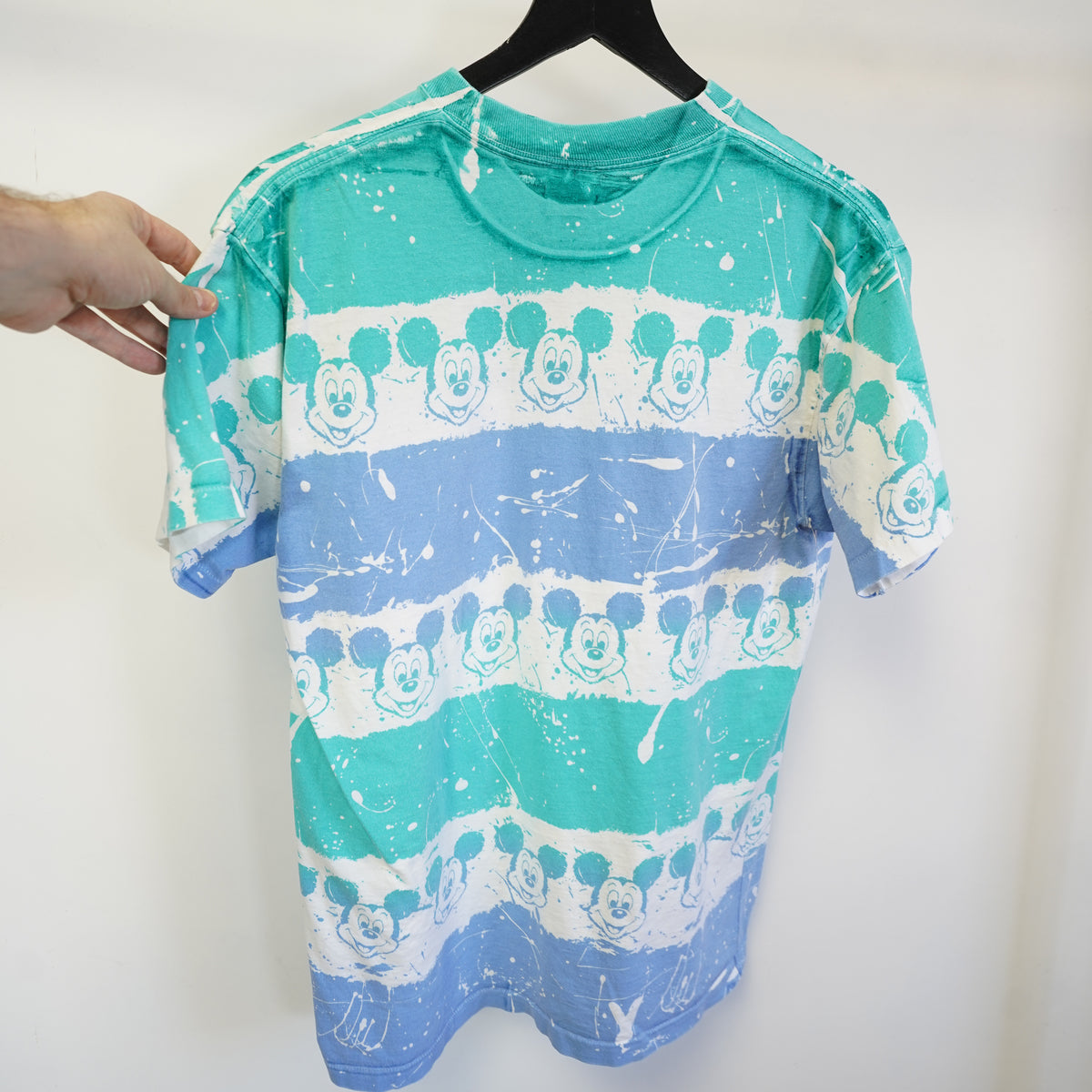 (M) Vintage 90s Disney Mickey Mouse AOP Paint Splatter T-Shirt Teal Blue Made in USA