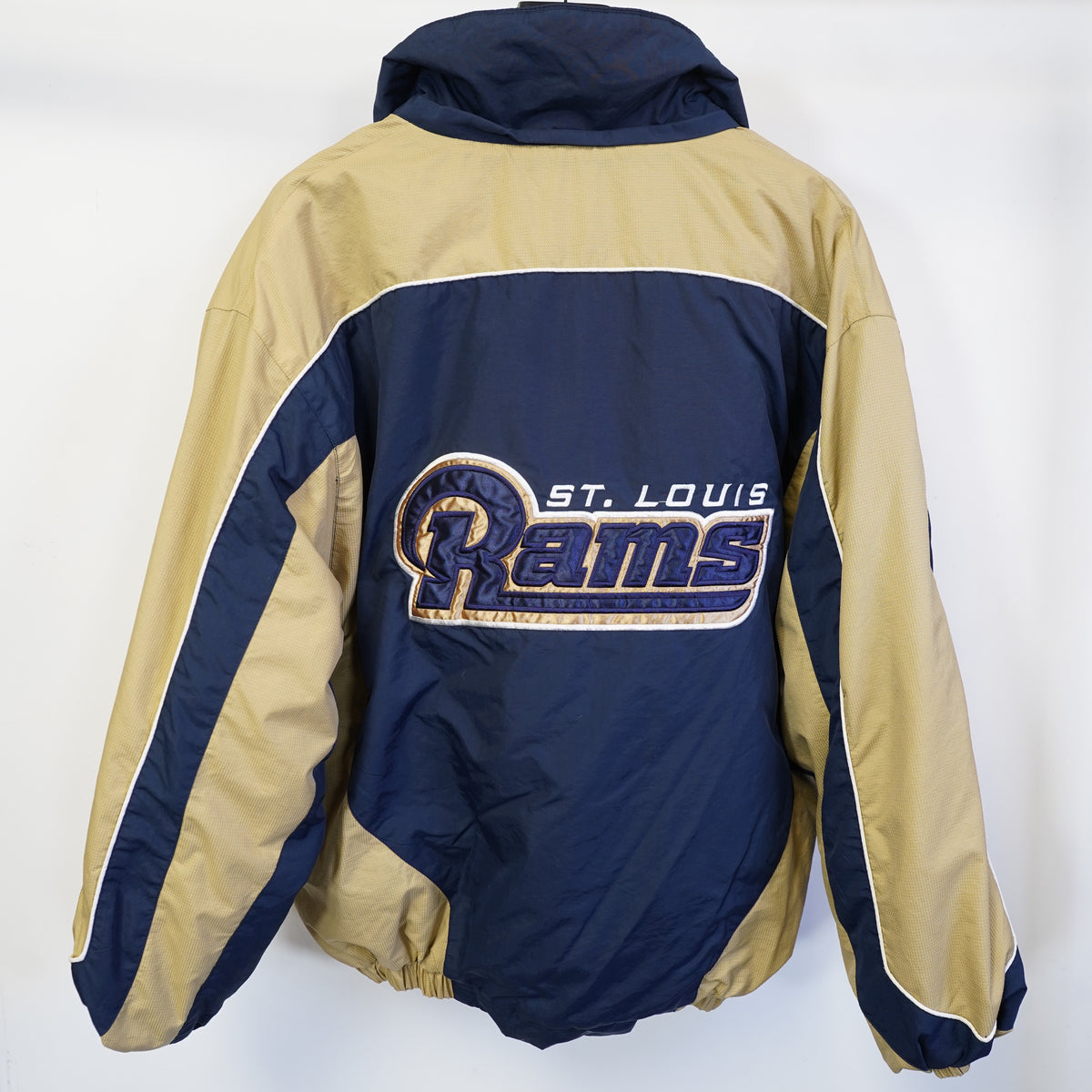 (XL) Vintage NFL St. Louis Rams Stitched Puffer Jacket Navy Gold Mens XL