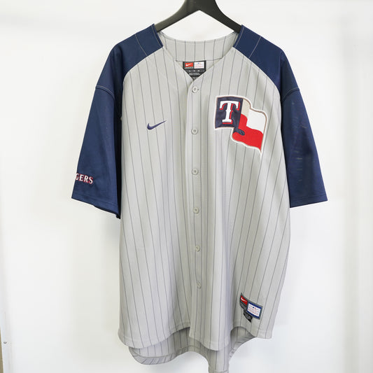 (XL) Nike Texas Rangers Jersey Mens XL Vintage 2000s Pinstripe MLB Stitched Grey Navy