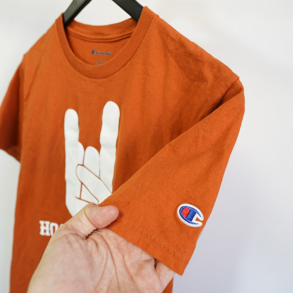 (S) Champion Mens Texas Longhorns Hook Em Horns Burnt Orange Graphic T-Shirt Small