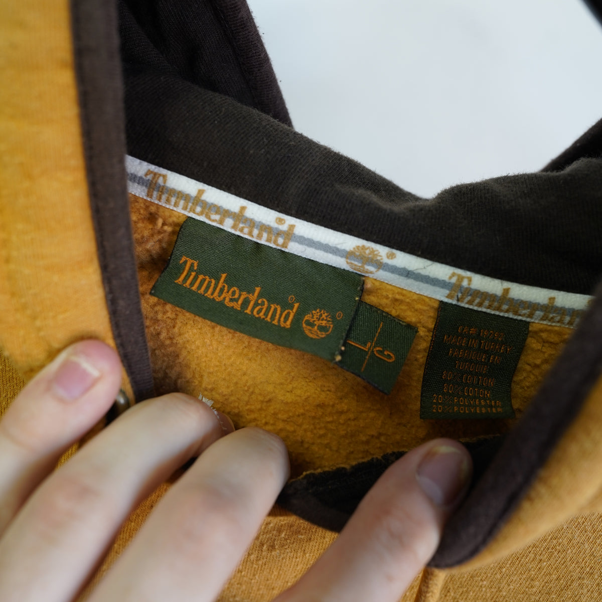 (L) Vintage Timberland Hoodie Y2K Hip Hop Sewn Logo Mustard Yellow Mens Large