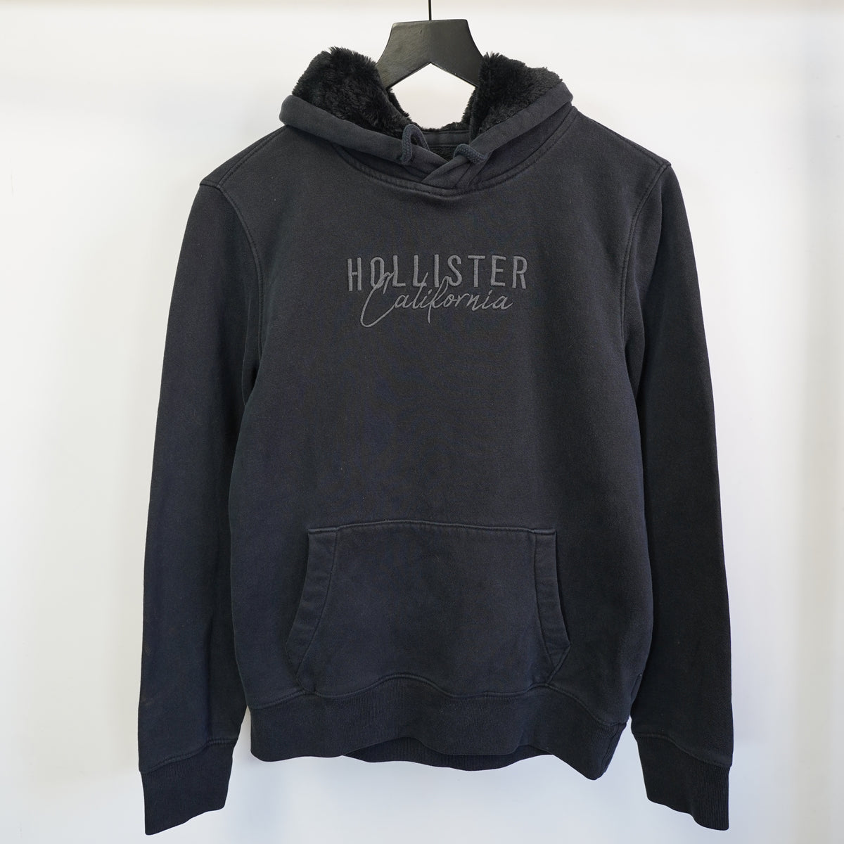 (S) Hollister Surf Co Mens Black Faux Fur Lined Hooded Sweatshirt Y2K Small