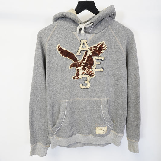 (S) Vintage American Eagle Grey Sherpa Lined Hoodie Y2K Sewn Eagle Graphic Small