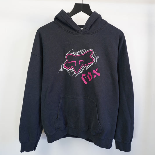 (L) Fox Racing Hoodie Mens Large Black Pink Embroidered Y2K 2000s Pullover Sweat