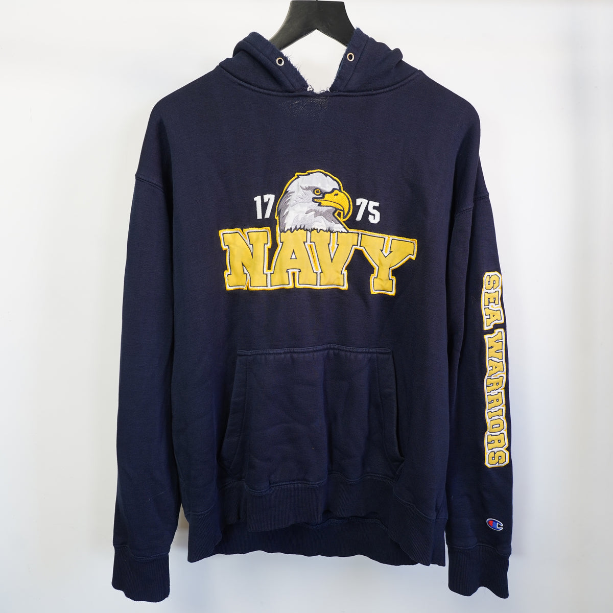 (L) Vtg Champion Navy 1775 Sea Warriors Embroidered Hoodie Navy Blue Mens L