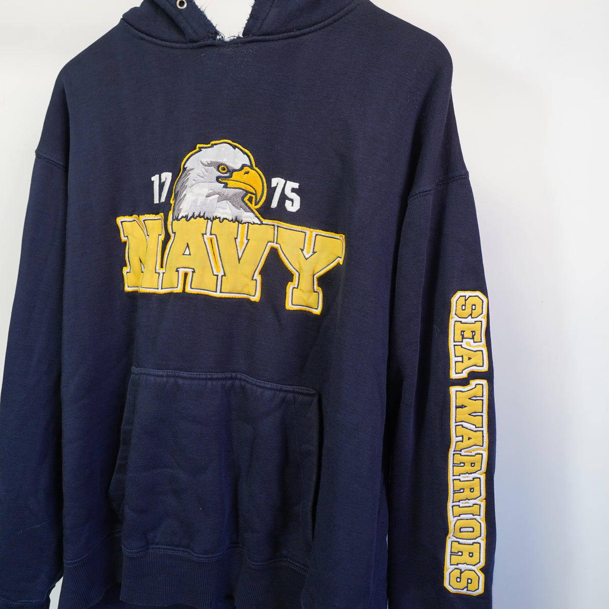 (L) Vtg Champion Navy 1775 Sea Warriors Embroidered Hoodie Navy Blue Mens L