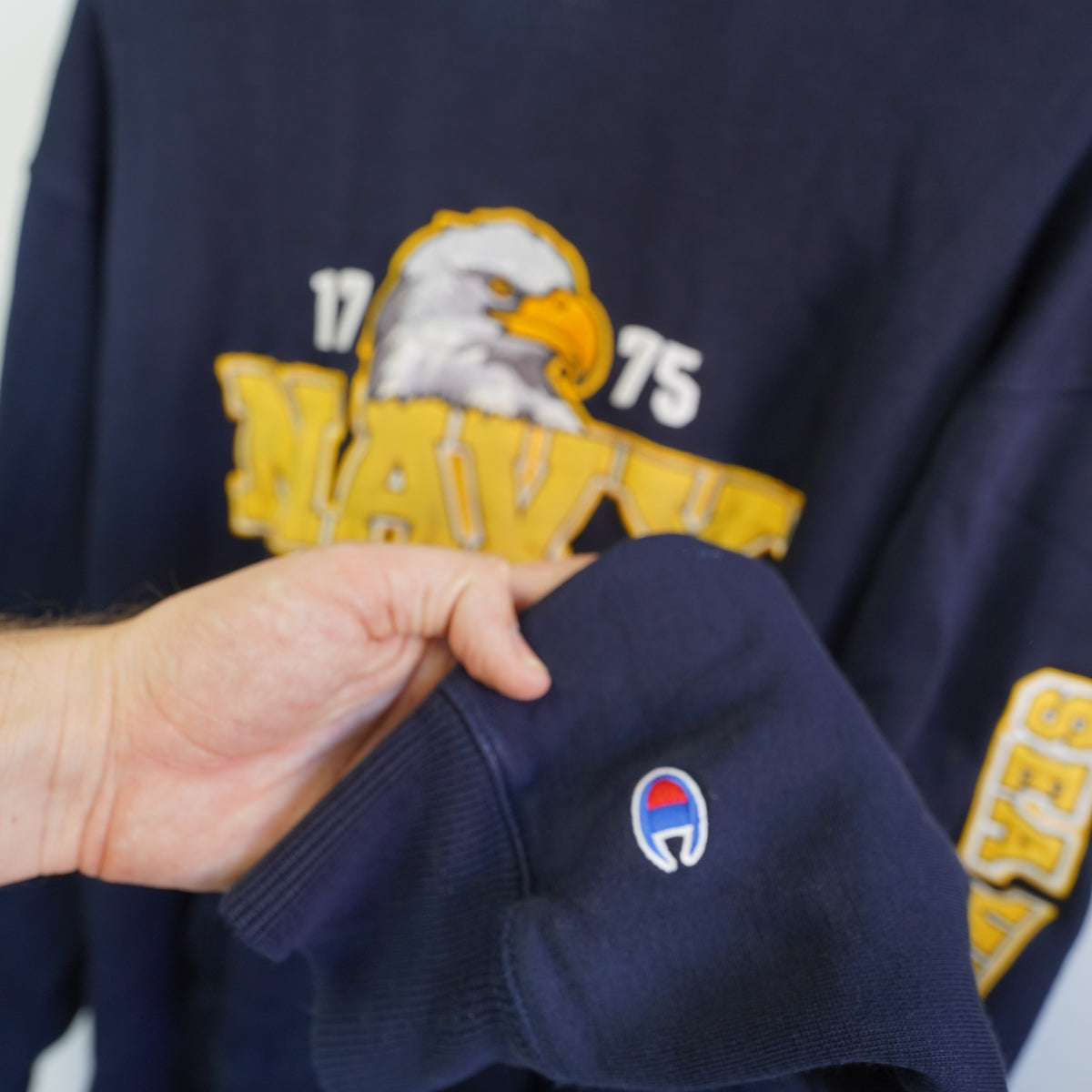 (L) Vtg Champion Navy 1775 Sea Warriors Embroidered Hoodie Navy Blue Mens L